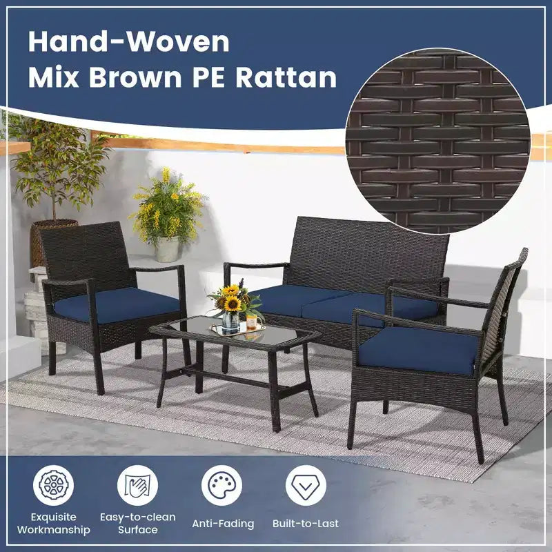 Costway 4-teiliges Terrassen-Rattan-Gartenmöbel-Set mit Kissen, Sofa, Armlehne und Couchtisch, Marineblau