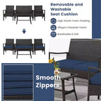 Costway 4-teiliges Terrassen-Rattan-Gartenmöbel-Set mit Kissen, Sofa, Armlehne und Couchtisch, Marineblau