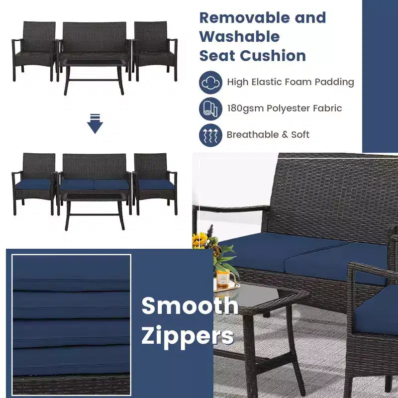 Costway 4-teiliges Terrassen-Rattan-Gartenmöbel-Set mit Kissen, Sofa, Armlehne und Couchtisch, Marineblau
