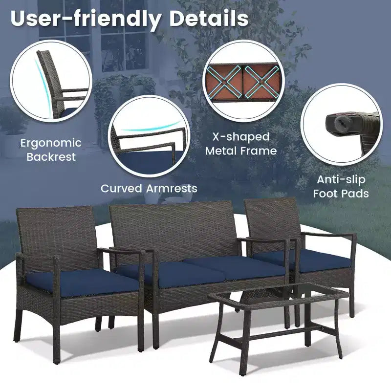 Costway 4-teiliges Terrassen-Rattan-Gartenmöbel-Set mit Kissen, Sofa, Armlehne und Couchtisch, Marineblau