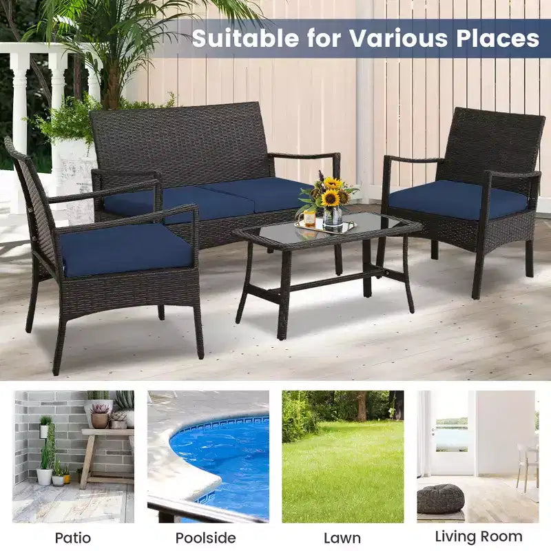 Costway 4-teiliges Terrassen-Rattan-Gartenmöbel-Set mit Kissen, Sofa, Armlehne und Couchtisch, Marineblau