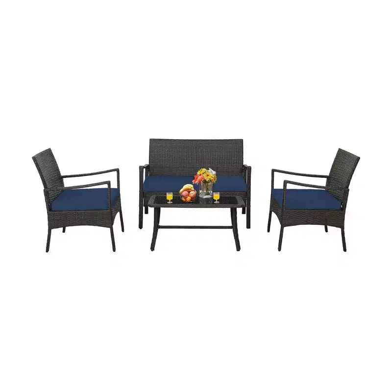 Costway 4-teiliges Terrassen-Rattan-Gartenmöbel-Set mit Kissen, Sofa, Armlehne und Couchtisch, Marineblau