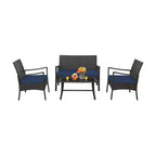 Costway 4-teiliges Terrassen-Rattan-Gartenmöbel-Set mit Kissen, Sofa, Armlehne und Couchtisch, Marineblau
