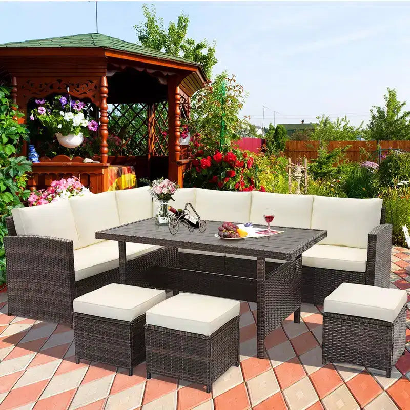 Costway 7-teiliges Terrassenmöbelset Rattan Ecksofa Konversationssofa Couchtisch Veranda