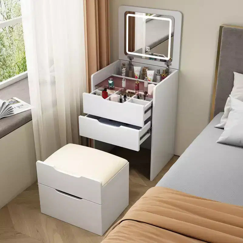 Okak 3-in-1 Schminktisch mit Klappspiegel, kompakter Waschtisch mit sichtbarer Glasplatte und gepolstertem Hocker, Schminktisch für das Schlafzimmer