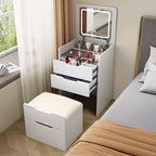 Okak 3-in-1 Schminktisch mit Klappspiegel, kompakter Waschtisch mit sichtbarer Glasplatte und gepolstertem Hocker, Schminktisch für das Schlafzimmer