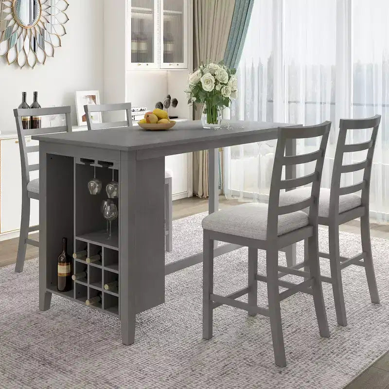 Landhaus Esstischgruppe, 5-teilig, Tresenhöhe, mit 4 Stühlen, rechteckiger Holztisch mit Ablagefächern und Barfach/Weinregal
