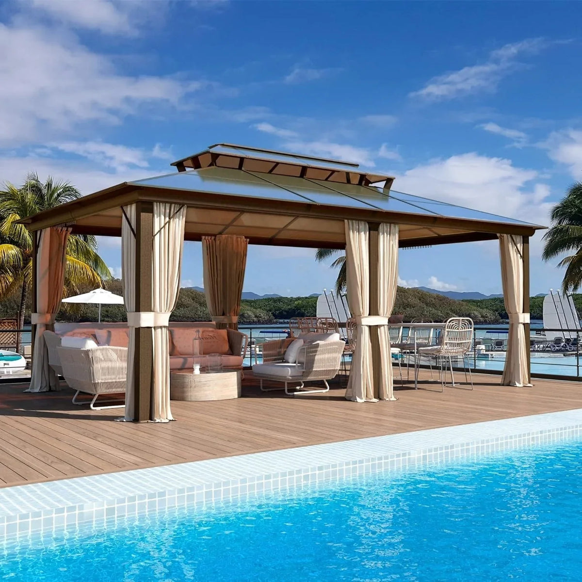 EROMMY Hardtop-Pavillon, Outdoor-Pergola mit Doppeldach & Netzen & Vorhängen, Hochleistungs-Canopy für Terrasse, Garten, Poolparty