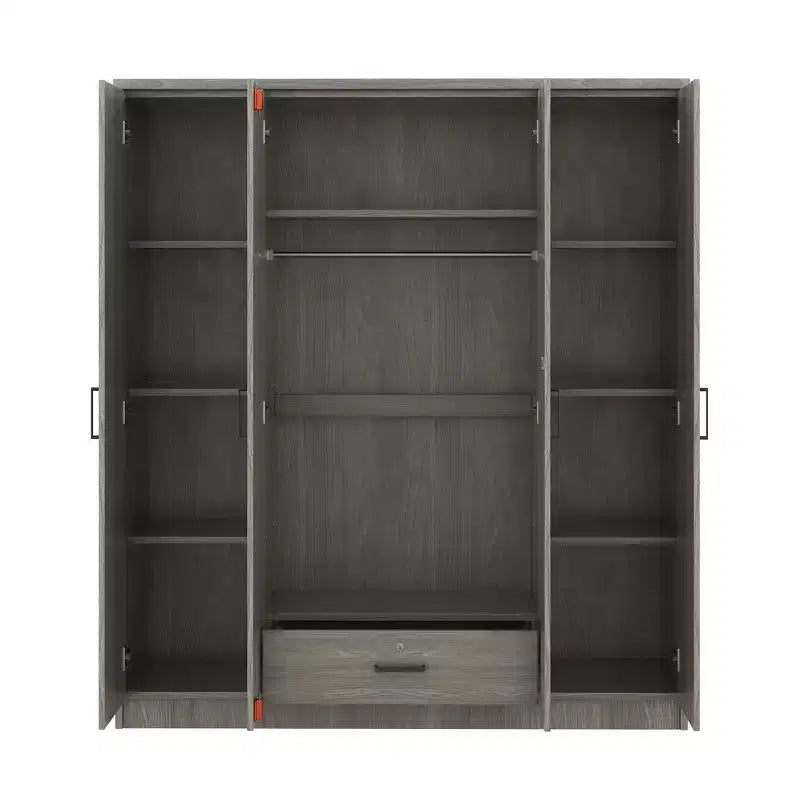 Holz-Kleiderschrank mit 4 Türen, Kleiderstange, 1 Schublade und Ablagefächern