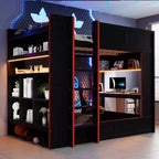 Holz-Gaming-Etagenbett in voller Größe mit integriertem Schreibtisch, Ablageregalen, 7-farbiger LED-Beleuchtung und Ladestation, Schwarz - ModernLuxe