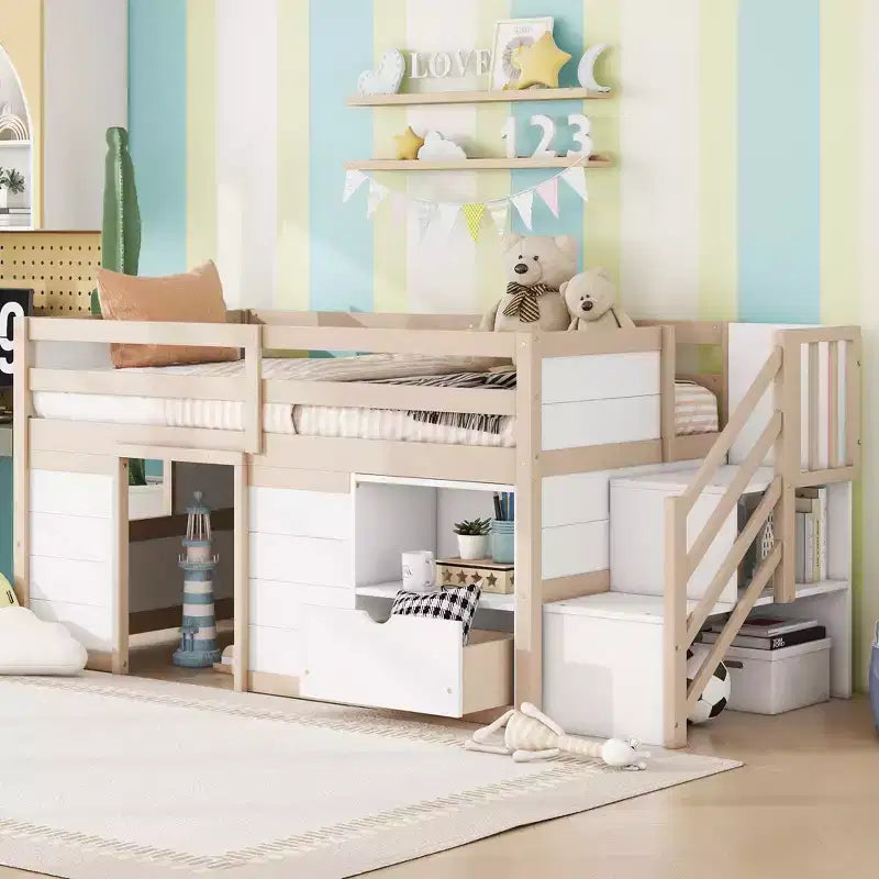 94.6L x 42.3B Massivholz-Hochbett in Twin-Größe mit Treppe, Schublade und Regal, modernes und klares Design