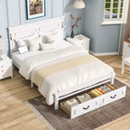ModernLuxe Bettrahmen für Queensize-/Kingsize-Betten mit hohem Kopfteil, rustikales Holzbettgestell mit 2 Schubladen, LED-Beleuchtung und USB-Anschlüssen