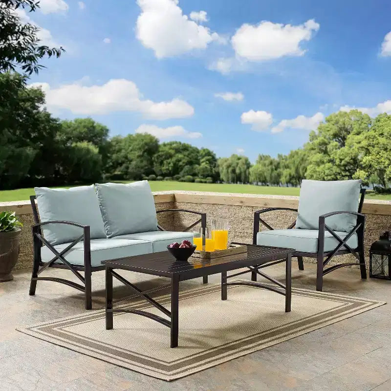 Crosley Kaplan Outdoor-Sitzgruppe, 3-teilig, aus Stahl, mit Zweiersofa, Sessel und Couchtisch
