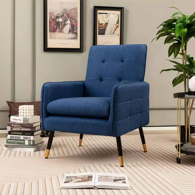 Costway Akzentstuhl aus Leinen Modern Einzelsofa Sessel mit Massiven Metallbeinen Blau/Grau/Weiß