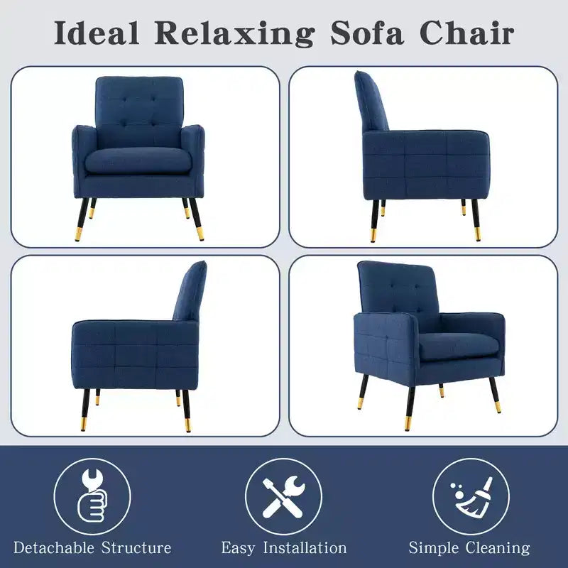 Costway Akzentstuhl aus Leinen Modern Einzelsofa Sessel mit Massiven Metallbeinen Blau/Grau/Weiß