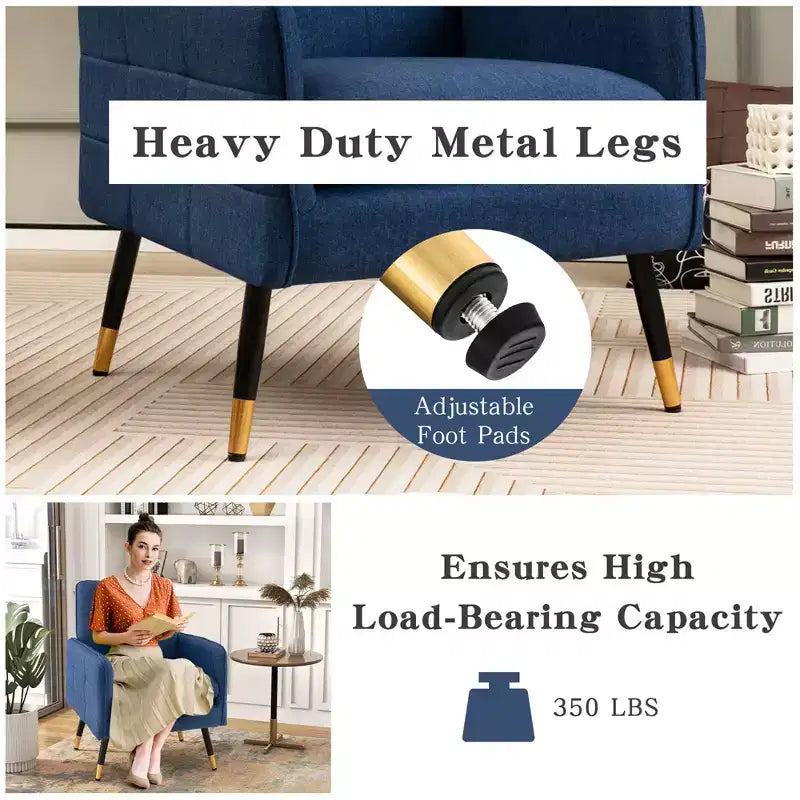 Costway Akzentstuhl aus Leinen Modern Einzelsofa Sessel mit Massiven Metallbeinen Blau/Grau/Weiß