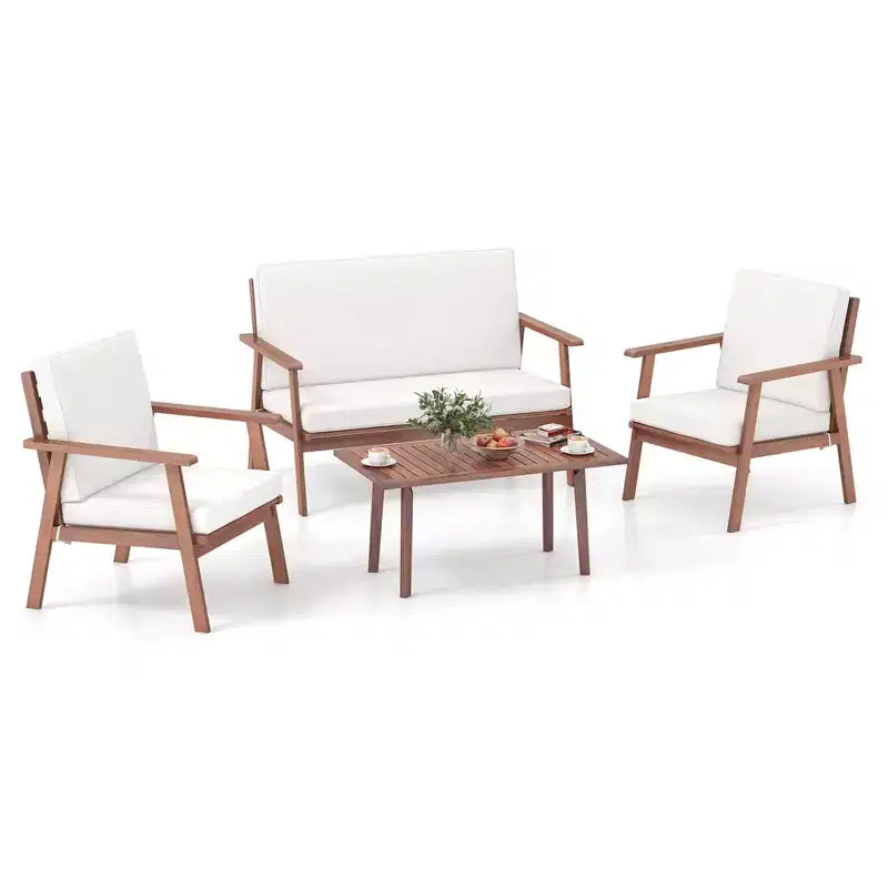 Costway 4-teiliges Terrassen-Gesprächs-Set Akazienholz Sofa Couchtisch mit gepolstertem Sitz