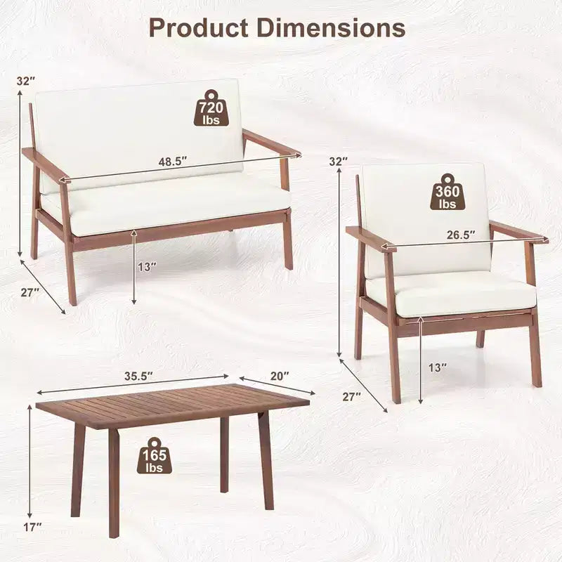 Costway 4-teiliges Terrassen-Gesprächs-Set Akazienholz Sofa Couchtisch mit gepolstertem Sitz