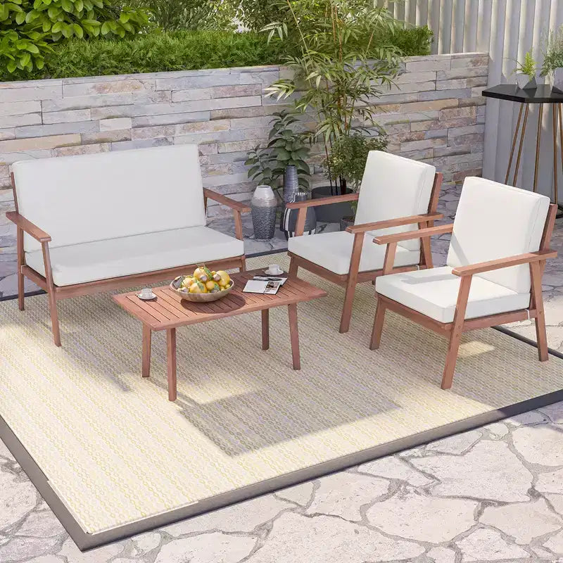Costway 4-teiliges Terrassen-Gesprächs-Set Akazienholz Sofa Couchtisch mit gepolstertem Sitz