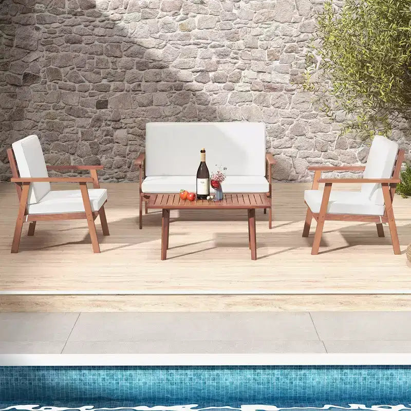 Costway 4-teiliges Terrassen-Gesprächs-Set Akazienholz Sofa Couchtisch mit gepolstertem Sitz