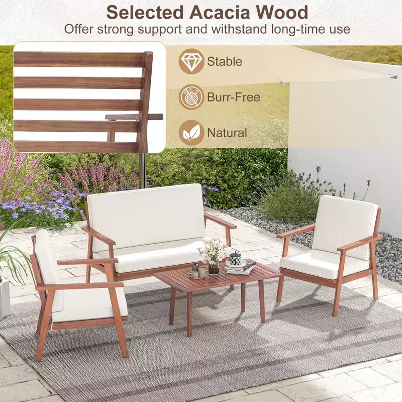 Costway 4-teiliges Terrassen-Gesprächs-Set Akazienholz Sofa Couchtisch mit gepolstertem Sitz