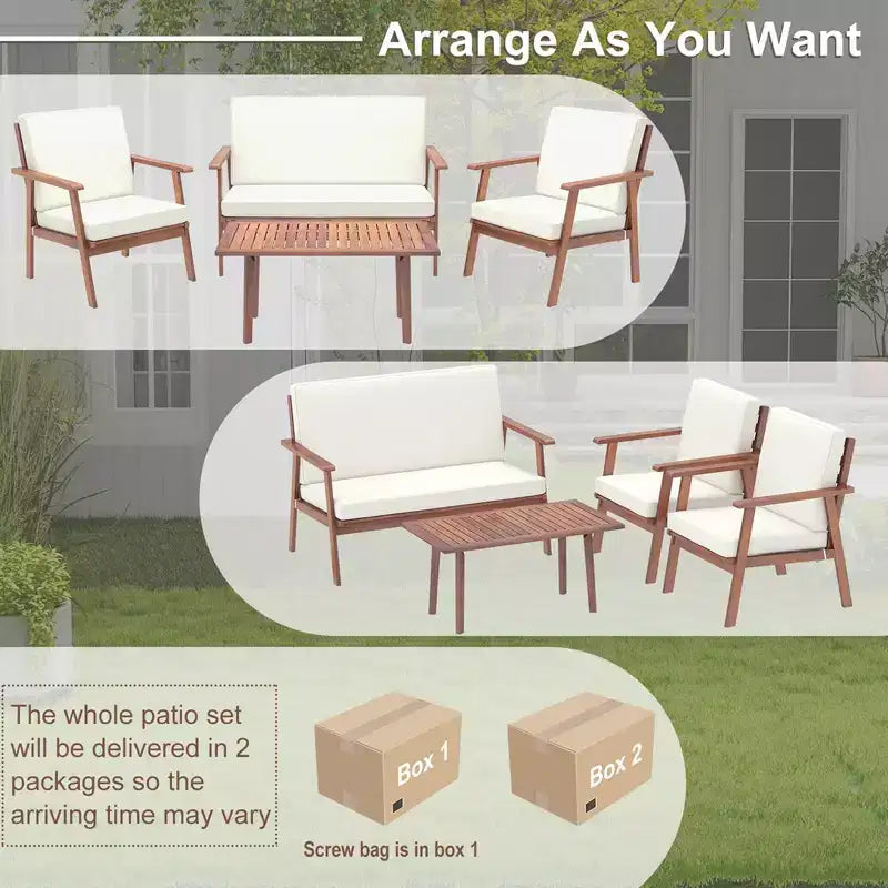 Costway 4-teiliges Terrassen-Gesprächs-Set Akazienholz Sofa Couchtisch mit gepolstertem Sitz