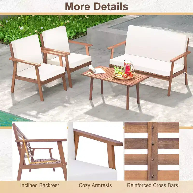 Costway 4-teiliges Terrassen-Gesprächs-Set Akazienholz Sofa Couchtisch mit gepolstertem Sitz