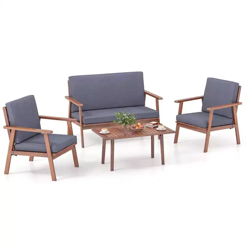 Costway 4-teiliges Terrassen-Gesprächs-Set Akazienholz Sofa Couchtisch mit gepolstertem Sitz
