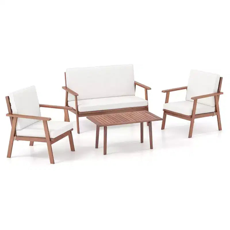 Costway 4-teiliges Terrassen-Gesprächs-Set Akazienholz Sofa Couchtisch mit gepolstertem Sitz