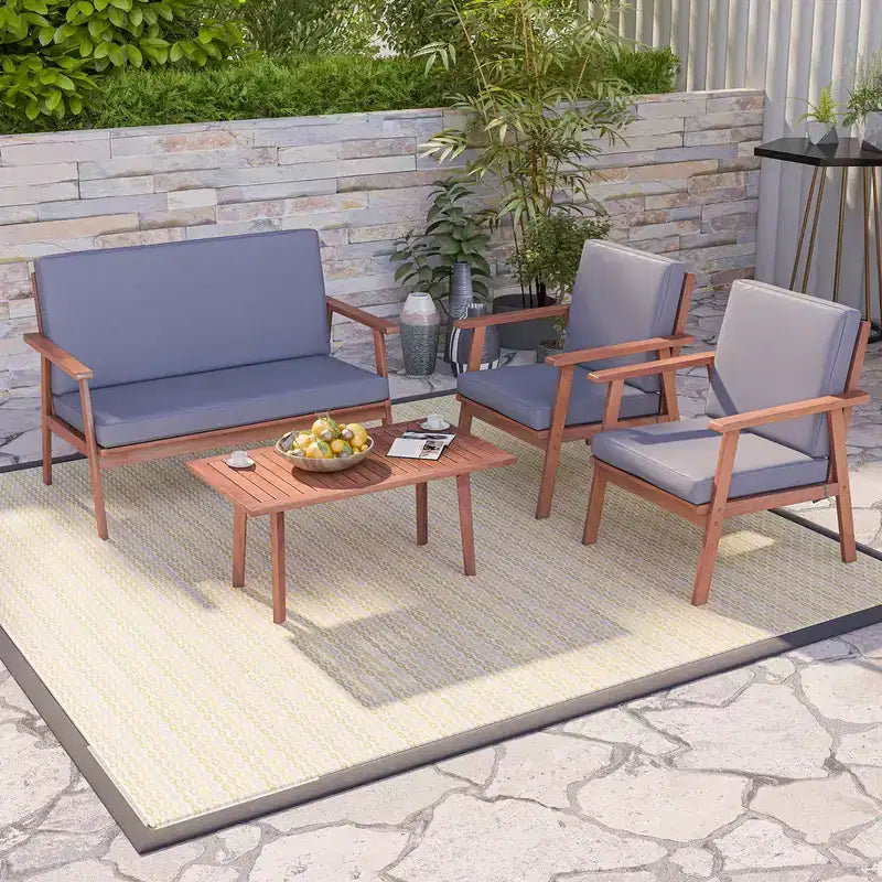 Costway 4-teiliges Terrassen-Gesprächs-Set Akazienholz Sofa Couchtisch mit gepolstertem Sitz