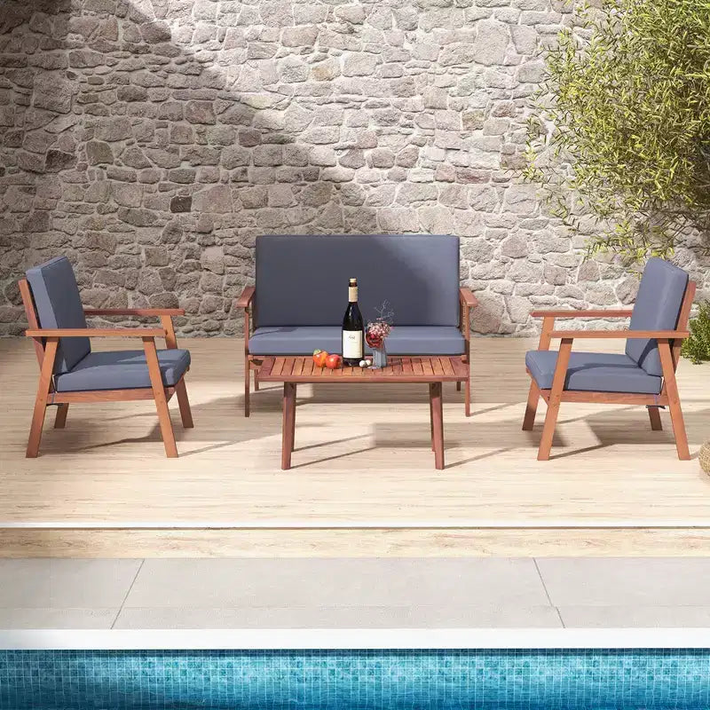 Costway 4-teiliges Terrassen-Gesprächs-Set Akazienholz Sofa Couchtisch mit gepolstertem Sitz