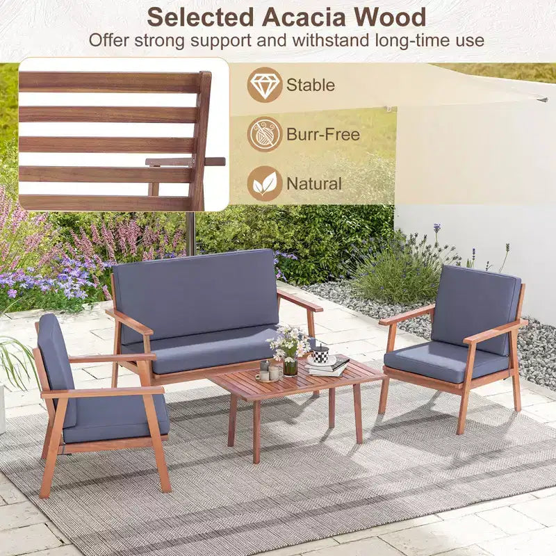 Costway 4-teiliges Terrassen-Gesprächs-Set Akazienholz Sofa Couchtisch mit gepolstertem Sitz