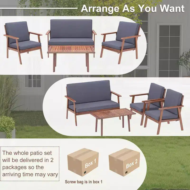 Costway 4-teiliges Terrassen-Gesprächs-Set Akazienholz Sofa Couchtisch mit gepolstertem Sitz