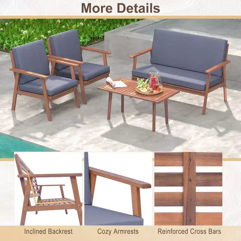 Costway 4-teiliges Terrassen-Gesprächs-Set Akazienholz Sofa Couchtisch mit gepolstertem Sitz
