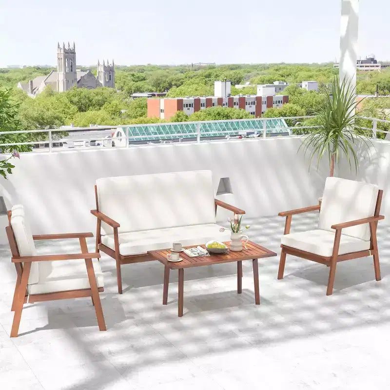 Costway 4-teiliges Terrassen-Gesprächs-Set Akazienholz Sofa Couchtisch mit gepolstertem Sitz