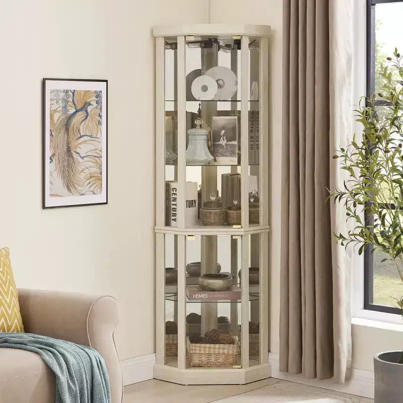 Eck-Vitrine mit Glastüren und Regalen, Eck-Schaukasten für das Wohnzimmer