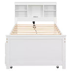Plattformbett mit Rollbett und Schubladen, Stauraumbett mit USB-Anschluss, Holzbett mit Bücherregal