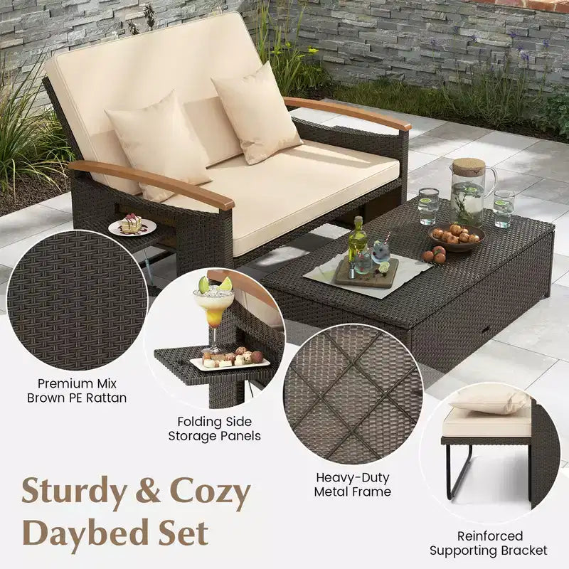 Costway Garten-Rattan-Tagesbett-Set mit gepolstertem Zweisitzer & Aufbewahrungs-Ottomane für Veranda Beige/Dunkelblau/Rot/Türkis/Schwarz/Grau