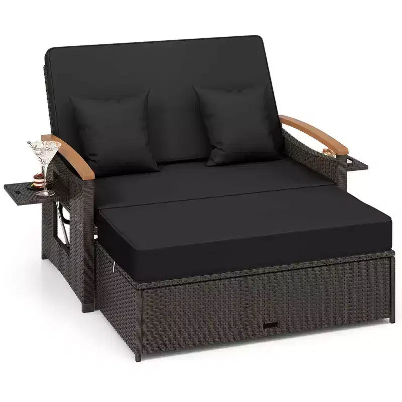 Costway Garten-Rattan-Tagesbett-Set mit gepolstertem Zweisitzer & Aufbewahrungs-Ottomane für Veranda Beige/Dunkelblau/Rot/Türkis/Schwarz/Grau