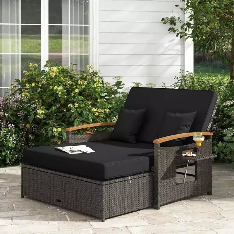 Costway Garten-Rattan-Tagesbett-Set mit gepolstertem Zweisitzer & Aufbewahrungs-Ottomane für Veranda Beige/Dunkelblau/Rot/Türkis/Schwarz/Grau