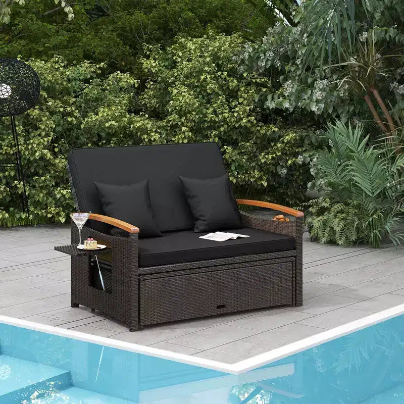 Costway Garten-Rattan-Tagesbett-Set mit gepolstertem Zweisitzer & Aufbewahrungs-Ottomane für Veranda Beige/Dunkelblau/Rot/Türkis/Schwarz/Grau