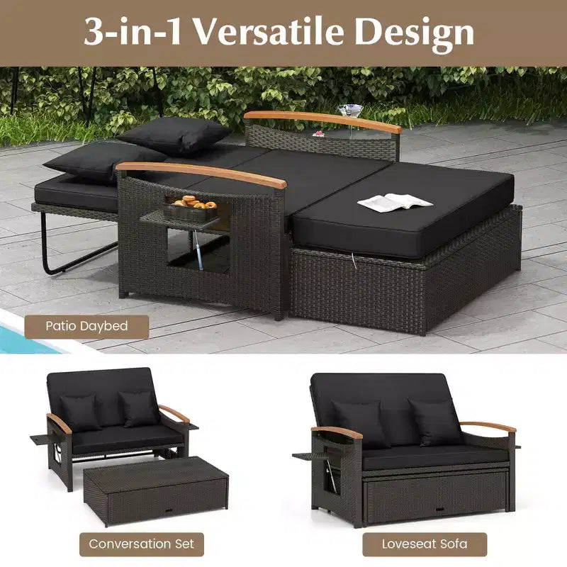Costway Garten-Rattan-Tagesbett-Set mit gepolstertem Zweisitzer & Aufbewahrungs-Ottomane für Veranda Beige/Dunkelblau/Rot/Türkis/Schwarz/Grau