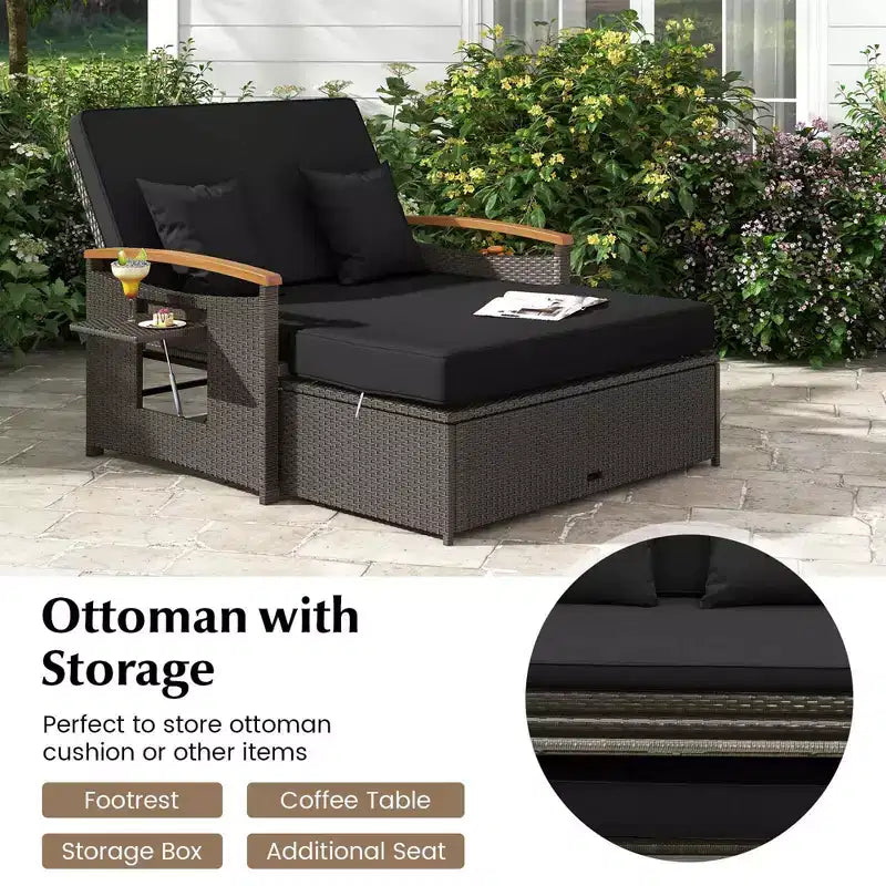 Costway Garten-Rattan-Tagesbett-Set mit gepolstertem Zweisitzer & Aufbewahrungs-Ottomane für Veranda Beige/Dunkelblau/Rot/Türkis/Schwarz/Grau