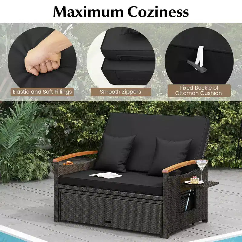 Costway Garten-Rattan-Tagesbett-Set mit gepolstertem Zweisitzer & Aufbewahrungs-Ottomane für Veranda Beige/Dunkelblau/Rot/Türkis/Schwarz/Grau
