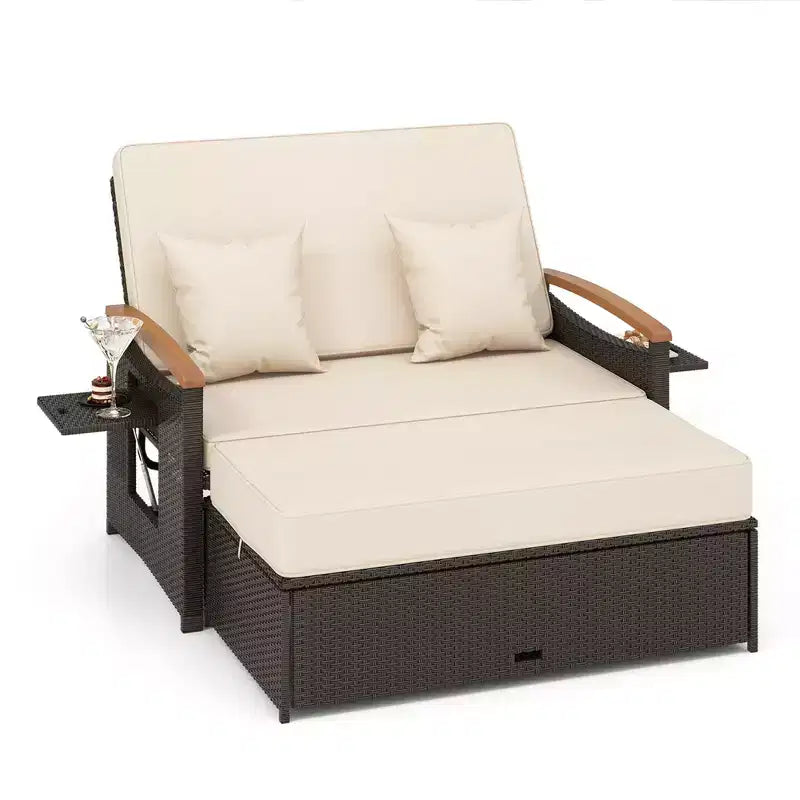 Costway Garten-Rattan-Tagesbett-Set mit gepolstertem Zweisitzer & Aufbewahrungs-Ottomane für Veranda Beige/Dunkelblau/Rot/Türkis/Schwarz/Grau