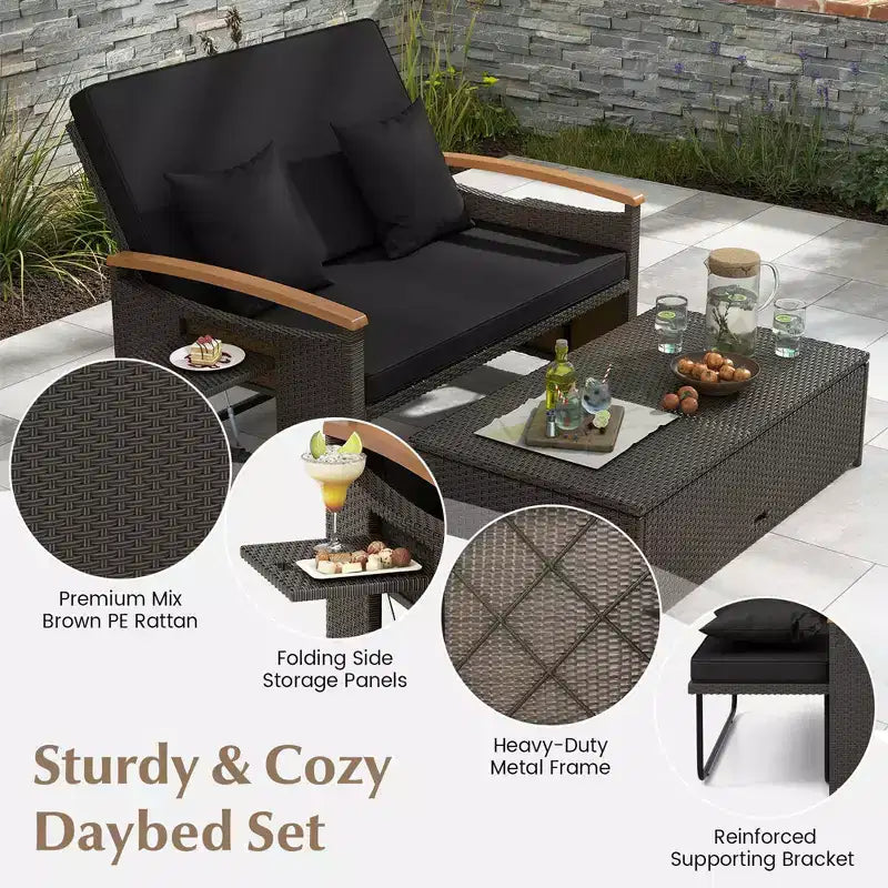 Costway Garten-Rattan-Tagesbett-Set mit gepolstertem Zweisitzer & Aufbewahrungs-Ottomane für Veranda Beige/Dunkelblau/Rot/Türkis/Schwarz/Grau