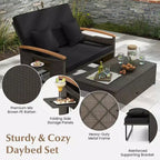 Costway Garten-Rattan-Tagesbett-Set mit gepolstertem Zweisitzer & Aufbewahrungs-Ottomane für Veranda Beige/Dunkelblau/Rot/Türkis/Schwarz/Grau