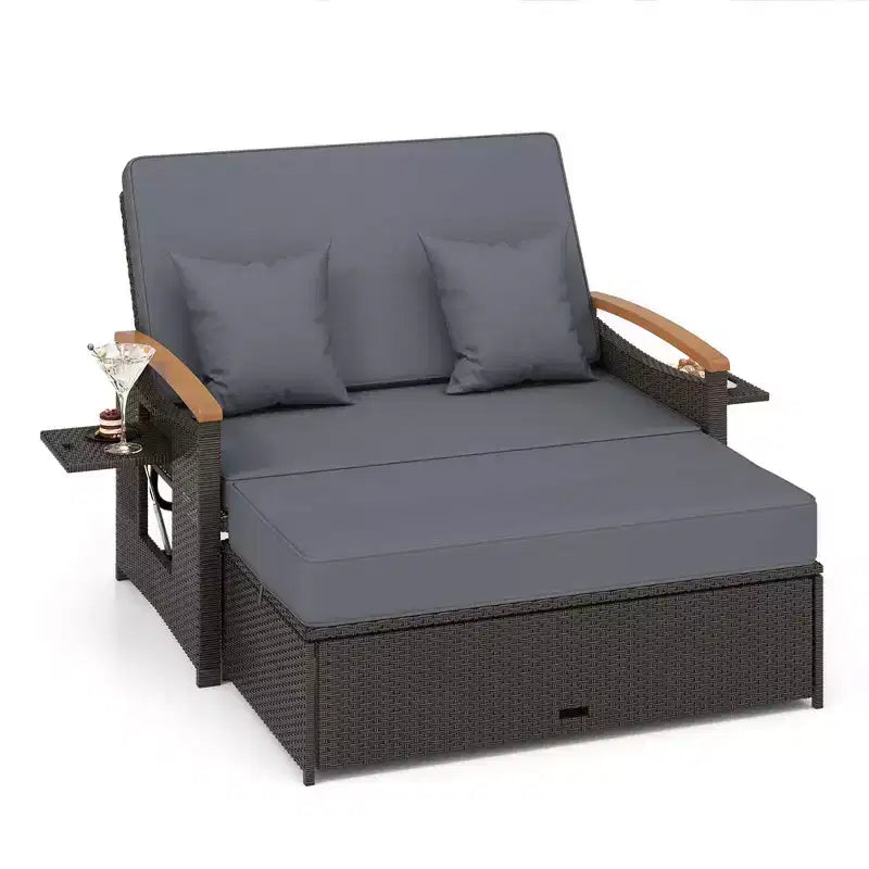 Costway Garten-Rattan-Tagesbett-Set mit gepolstertem Zweisitzer & Aufbewahrungs-Ottomane für Veranda Beige/Dunkelblau/Rot/Türkis/Schwarz/Grau