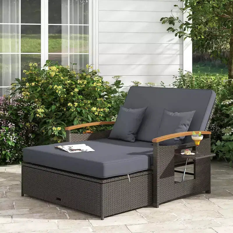Costway Garten-Rattan-Tagesbett-Set mit gepolstertem Zweisitzer & Aufbewahrungs-Ottomane für Veranda Beige/Dunkelblau/Rot/Türkis/Schwarz/Grau