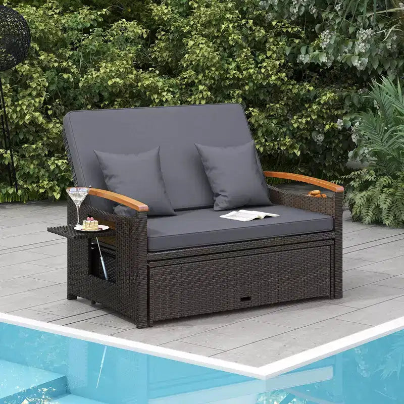 Costway Garten-Rattan-Tagesbett-Set mit gepolstertem Zweisitzer & Aufbewahrungs-Ottomane für Veranda Beige/Dunkelblau/Rot/Türkis/Schwarz/Grau